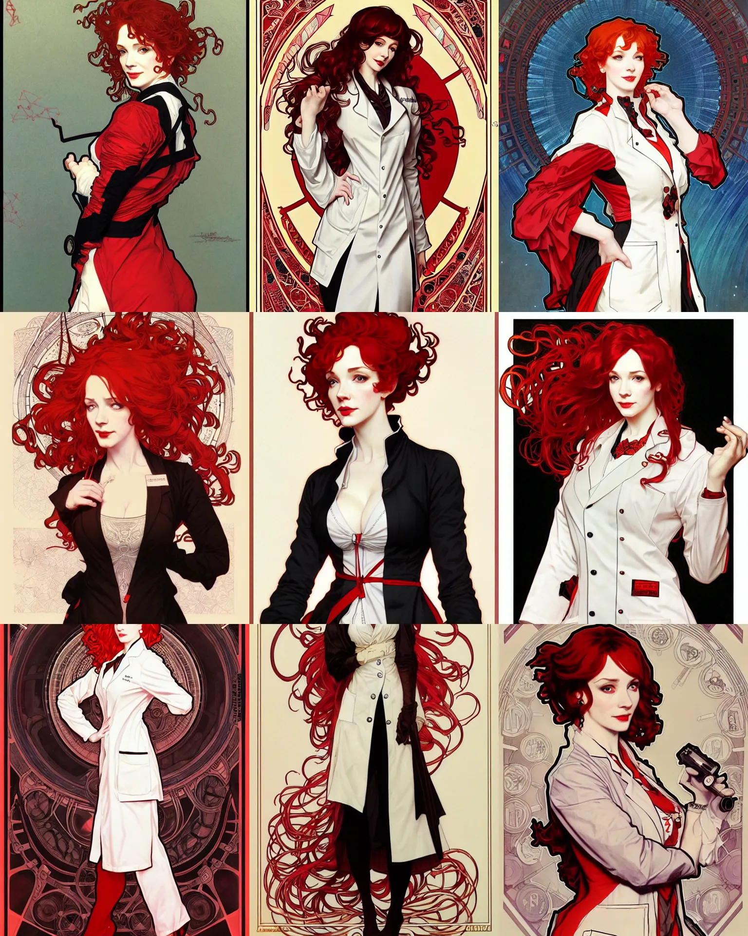 Prompt: christina hendricks as a confident scientist, wearing a labcoat, intricate, red white and black color scheme, illustration by krenz cushart, alphonse mucha, artgerm, trending on artstation