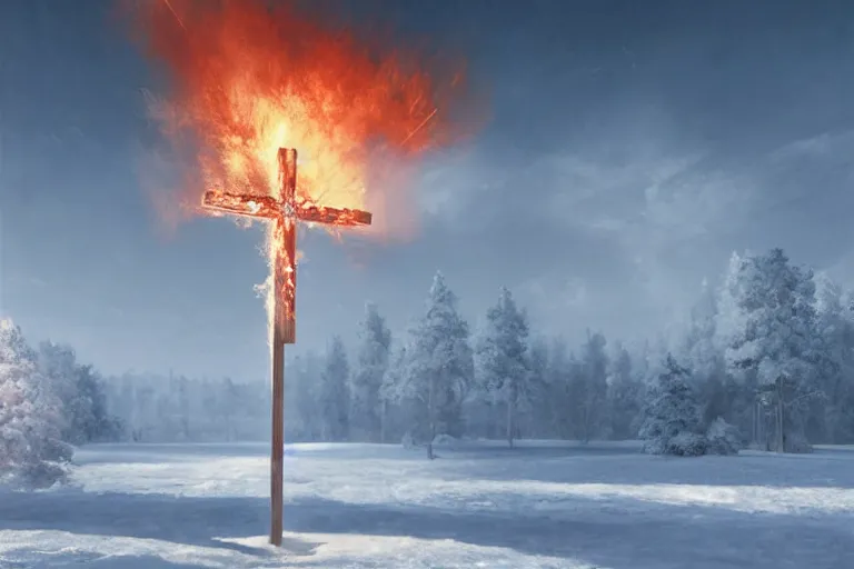 Image similar to a cross set on fire on a snow covered field, painting by pascal blanche, a matte painting by li shida, cgsociety, context art, redshift, matte painting, reimagined by industrial light and magic