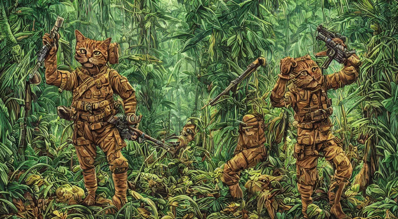 Prompt: a humanoid cat soldier from world war 2 in the jungle, artwork by dan mumford