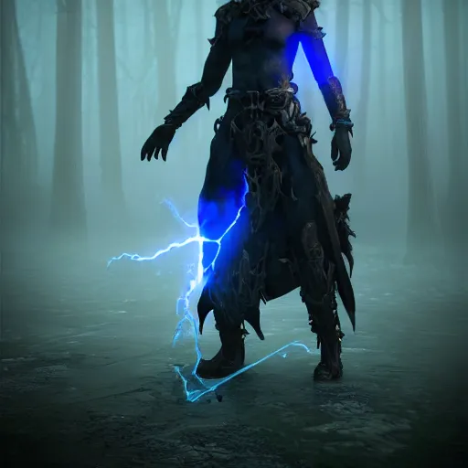 Image similar to character design, dark arcanist, blue lightning, blue mist, fog, scary, photorealistic, unreal engine