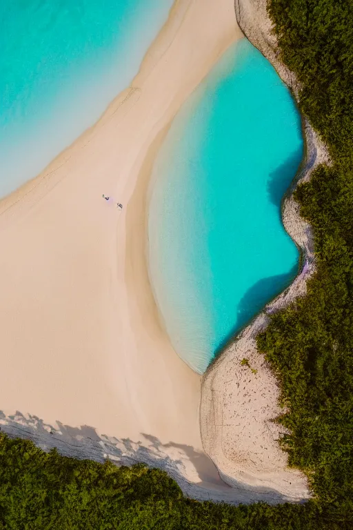 Image similar to Drone Photo of a Beach, turquoise water, calm, volumetric lighting, summer, Cinematic, award winning, photo print.