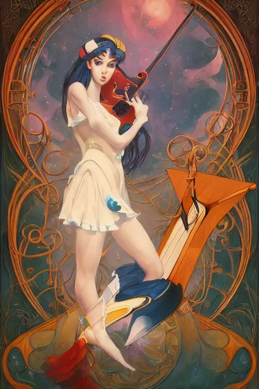 Image similar to sailor moon playing guitar by peter mohrbacher in the style of gaston bussiere, art nouveau
