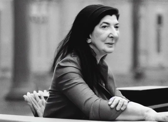 Prompt: a bw screenshoot of marina abramovich sitting on the table in the middle of red square in moscow hyper - detailed face surveillance camera
