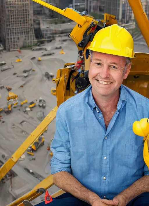 Image similar to closeup portrait of cheerful bryan operating a crane, sitting in a crane, yellow hardhat, sitting in a crane, natural light, bloom, detailed face, magazine, press, photo, steve mccurry, david lazar, canon, nikon, focus
