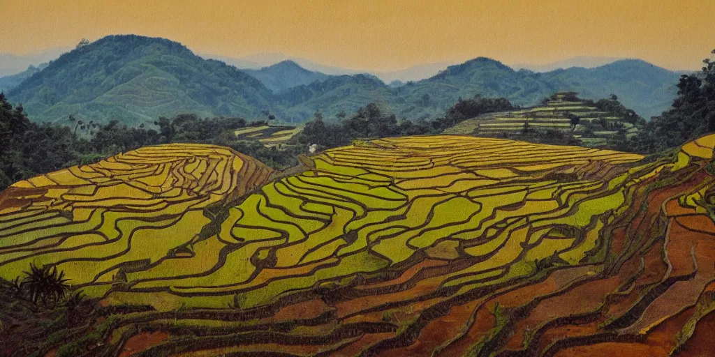 Image similar to painting of rice terraces in the evening