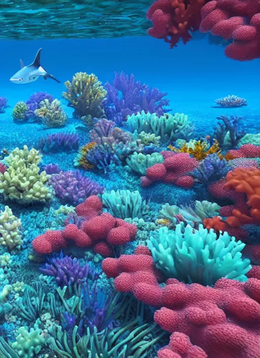 Prompt: a coral reef, bright colours, megaladon shark, hyper realistic, crystal clear blue underwater, 1 million point cloud digital image, unreal engine,