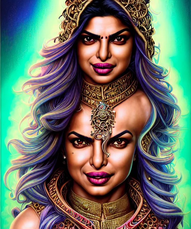 Image similar to Portrait of Priyanka Chopra , D&D, fantasy, intricate, richly detailed colored pencil 3D illustration of a beautiful with long metallic hair wearing a hoodie and short shorts that is evil and happy. mirrored background with completely rendered reflections, art by Range Murata and Artgerm highly detailed, digital painting, trending on artstation, sharp focus, illustration, style of Stanley Artgerm, perfect smile and tooth