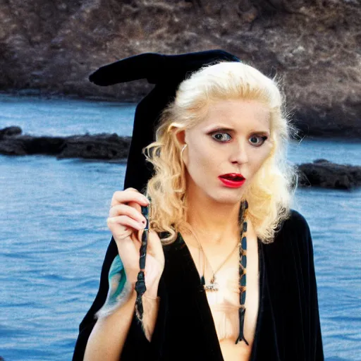 Prompt: a blonde woman in a black robe lying on the deck of a ship, a beautiful english woman with a long face narrow nose pale skin blue eyes red lips and wild messy tangles of curly white blonde hair, high resolution film still wearing a black robe and skull necklace and holding a spear, sandy, a journey to the west