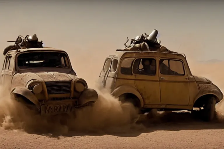 Image similar to epic sandstorm battle, Renault 4 cars in the Movie Mad Max: Fury Road (2015)