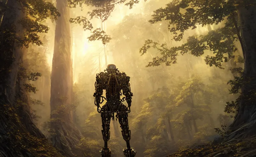 Image similar to detailed intricate digital illustration by greg rutkowski and artgerm and wlop and sanford robinson gifford ; bearded man in an advanced warfare exoskeleton mech suit, standing in the yggdrasil forest large trees ; 1 3 mm film, arri alfa anamorphic lens ; sharp focus, golden hour lighting, trending on artstation 4 k ; close view