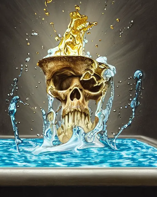 Prompt: a painting of a stream of water pouring from a biomorphic gorilla skull and producing gold liquid, in a wild mushroom fountain, bath like style, isometric views, white crystal texture , 8k