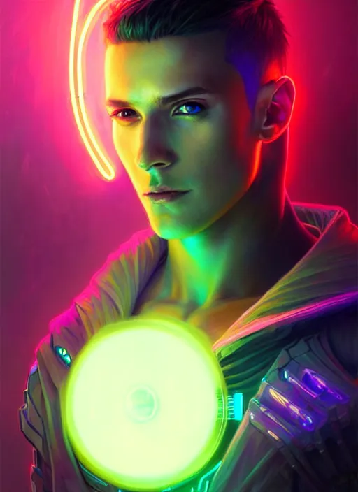 Image similar to a male cyberpunk faceless glowing liquefied stardust adventurer, dnd fantasy character, full body portrait, glowing neon skin, magical aura, ultra realistic, intricate, elegant, highly detailed, digital painting, artstation, smooth, sharp, focus, illustration, art by artgerm and greg rutkowski and alphonse mucha