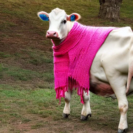 Prompt: a cow knitting a scarf