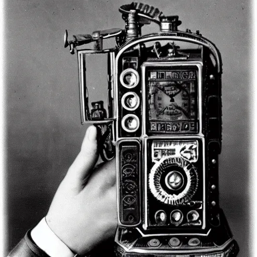 Image similar to an extremely complex and advanced steampunk cellphone from the 1920s