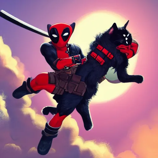 Image similar to illustration of deadpool riding on fluffy cat!!!!!!!!!!!!!!!!!!!!! in space, trending on artstation