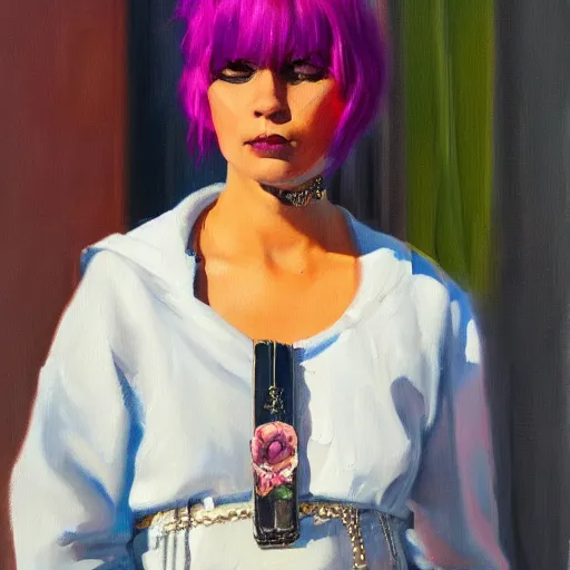 Prompt: oil painting of punk woman wearing large belt collar around neck, standing in city area, 4 k, artstation