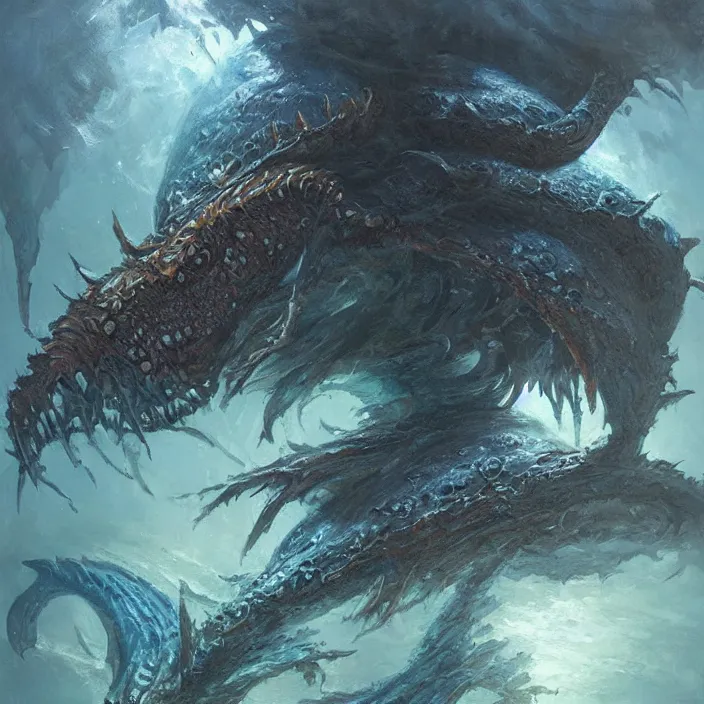 Image similar to sea monster under the ocean d & d, d & d style, trending on artstation, intricate, highly detailed, vivid painting, colorful, art by greg rutkowski