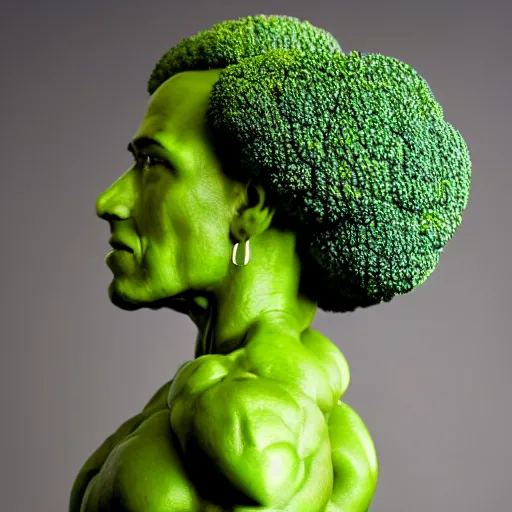 Prompt: a posing bodybuilder sculpture made entirely from broccoli, head of broccoli, studio photo