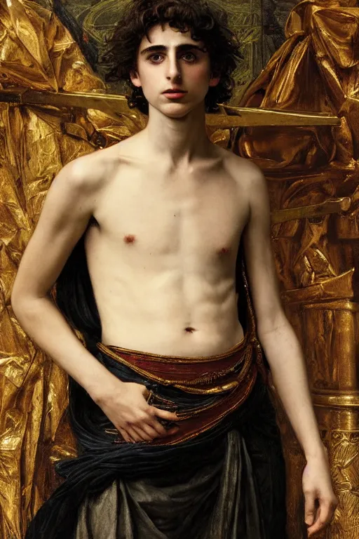 Prompt: timothee chalamet as a bandit king, god of the forge by edgar maxence and caravaggio and michael whelan and delacroix