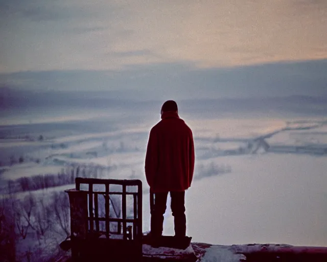 Image similar to lomographic tarkovsky film still of 4 0 years russian man with beard and sweater standing on small hrushevka 9 th floor balcony with cup of tea in winter taiga looking at sunset, cinestill, bokeh