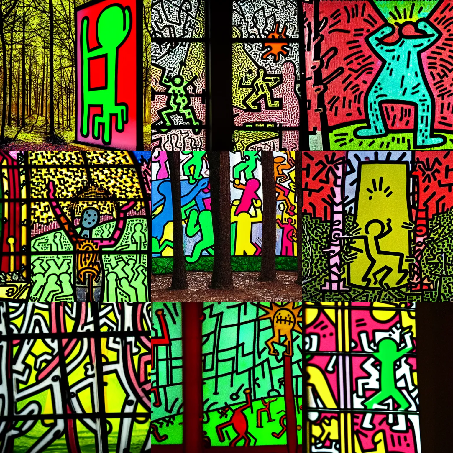 Prompt: Hyper realistic photo of a stained glass window depicting Keith Haring graffiti art with sunlight shining through it standing alone in between some trees in a lush taiga forest