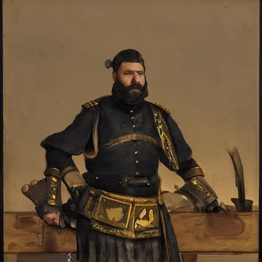 Image similar to Frustrated and acerbic male Imperial sergeant with a short beard wearing a {black and yellow tabard} over a steel breastplate and a black gambeson leaning over a table, by Raymond Swanland Greg Rutkowski Lise Deharm, {perfect face}, {perfect eyes}, {perfect body}, {hands planted on war table while standing}, fantasy