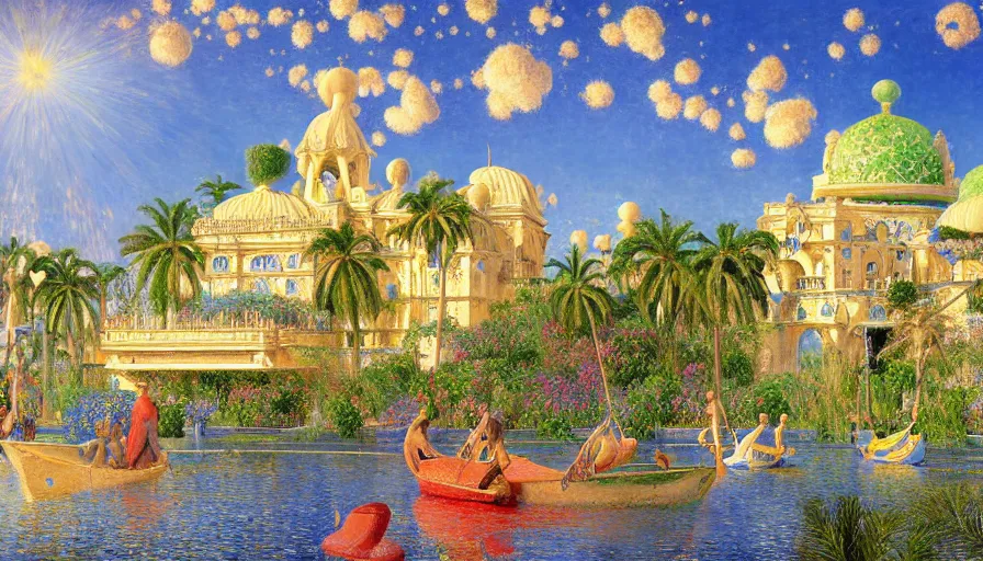 Prompt: a photorealistic detailed cinematic image of a beautiful 4 d dimensional brazilian palace designed by jules bastien - lepage, tarsila do amaral, spiritual science, divinity sparkles and colorful lines, utopian, mediterranean, wildlife preservation, sail boats, by tim white, david a. hardy, kinkade, lisa frank, wpa, public works mural