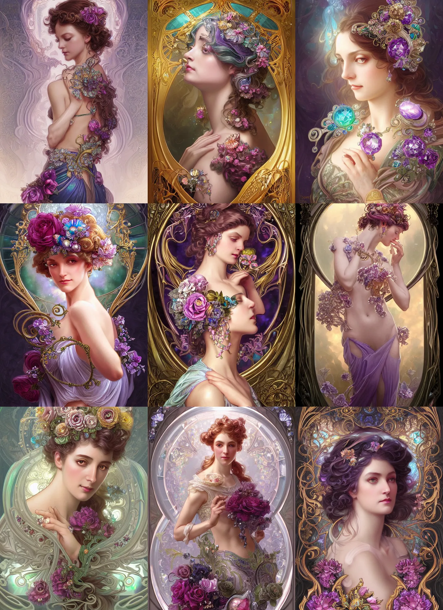 Prompt: rococo and art nouveau fusion, iridescent diaphanous refractive and reflective crystal gemstone jewelry and flower bouquet, fantasy, intricate, elegant, highly detailed, digital painting, artstation, concept art, matte, sharp focus, illustration, hearthstone, art by artgerm and greg rutkowski and alphonse mucha