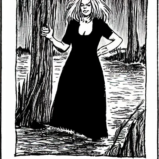 Prompt: tall slender woman with long grey hair in a black dress walking out of a swamp, by ec comics,