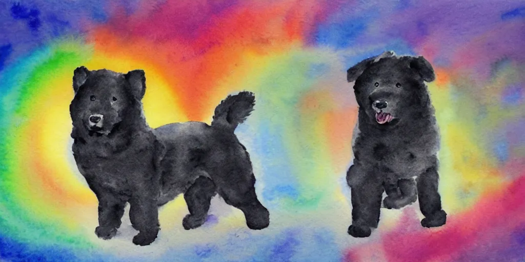 Image similar to a watercolor painting of an off - black chow chow puppy standing on a glowing rainbow bridge