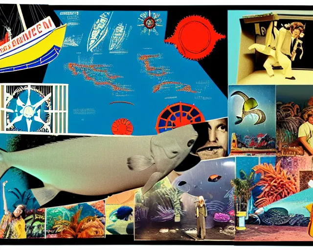 Image similar to footage of a theater stage, 1976 poster, cut out collage, film noir, break of dawn on Neptun, epic theater, tropical fish, nautical maps, NY style grafitti, in style of Monty Python, composition by Prince, written by Ernst Jandl, lens flare