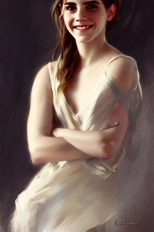 Image similar to emma watson smiling gathered faille v - neck detailed portrait painting by gaston bussiere craig mullins j. c. leyendecker award winning photograph photorealsitic octane render