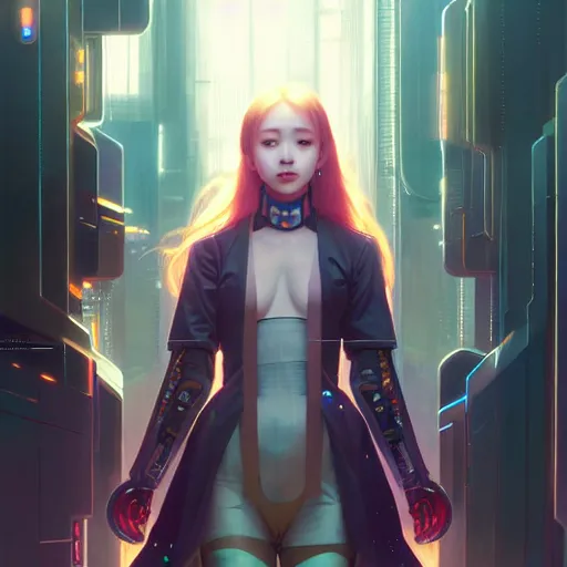 Image similar to painting of cyberpunk chuu loona kpop smiling cheerfully, ultra realistic, concept art, intricate details, eerie, highly detailed, photorealistic, octane render, 8 k, unreal engine. art by artgerm and greg rutkowski and magali villeneuve and alphonse mucha