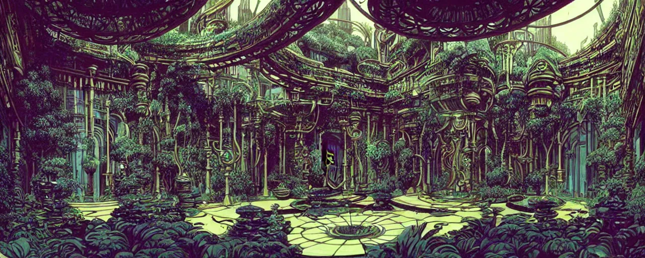 Image similar to a luxurious scifi futuristic victorian garden courtyard by killian eng, moebius, philippe druillet