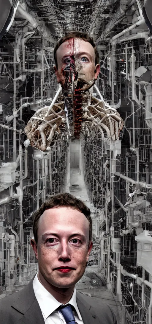 Image similar to horror of elon musk and mark zuckerberg fused together with scaffolding and pipes, body horror, pipes, disturbing, scary, dark, 4K, creepy