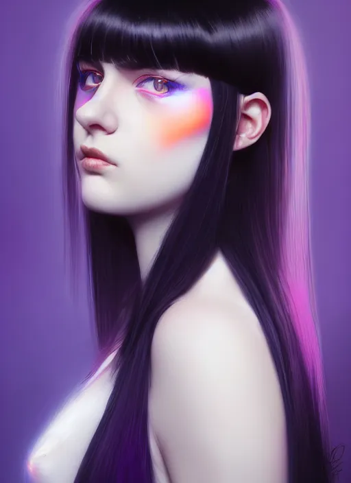 Image similar to portrait of teenage girl with white bangs, red irises, black hair, purple clothes, white bangs, bangs are different color from hair, intricate, front of hair is white rest is black, elegant, glowing lights, highly detailed, digital painting, artstation, concept art, smooth, sharp focus, illustration, art by wlop, mars ravelo and greg rutkowski