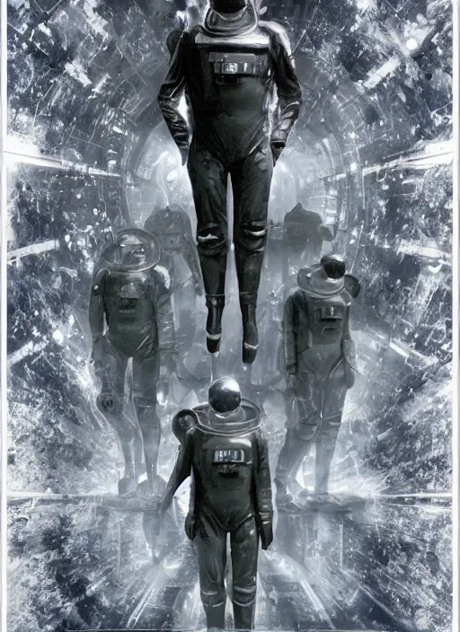 Image similar to astronauts in dark and empty void underwater - complex and hyperdetailed technical suit. reflection and dispersion materials. rays and dispersion of light. volumetric light. 5 0 mm, f / 3 2. noise film photo. flash photography. ultra realistic, wide angle. poster by wayne barlowe, hajime sorayama aaron horkey, craig mullins