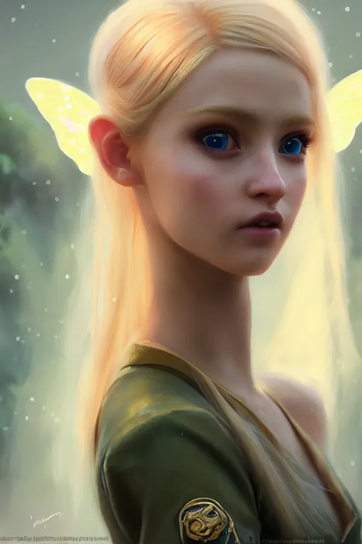 Image similar to cinematic shot of an epic portrait of a cute blonde fairy dressed in military clothes, stylised military clothes, shiny skin, beautiful eyes, beautiful, small details, night setting, realistic poster with volumetric light from craig mallism, artgerm, jeremy lipkin and michael garmash, unreal engine, radiant light, digital art, trends at art station, a masterpiece