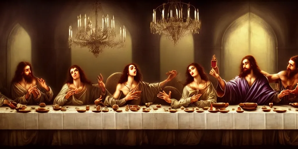 Image similar to the last supper, by Rolf Armstrong and Evelyn De Morgan and Bastien Lecouffe-Deharme, dramatic lighting, high contrast colors, baroque, empyrean, panoramic view, as trending on Artstation, highly detailed, doom engine,