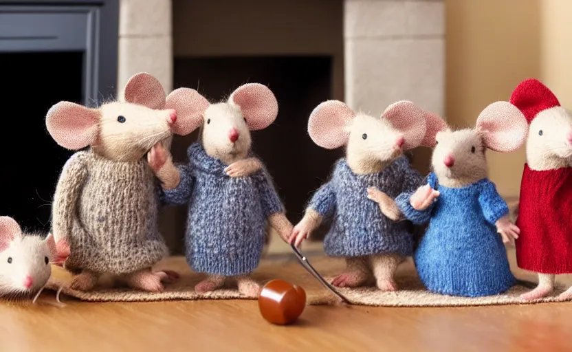 Image similar to a mouse family sitting in front of a fireplace wearing woolen sweater