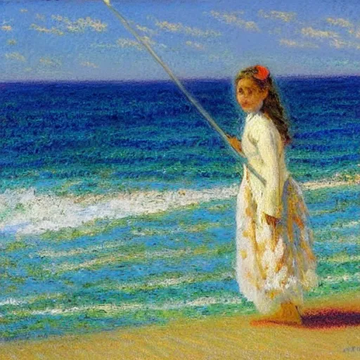 Prompt: by maximilien luce khaki, pastel white composed. the painting of a young girl in a traditional hula outfit. she is standing on a surfboard in front of a beautiful ocean landscape.