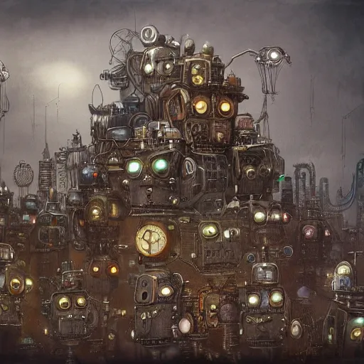 Image similar to robot city, steampunk art, fantasy style, super high detail, super high quality, talented artist, trending on artstation, machinarium