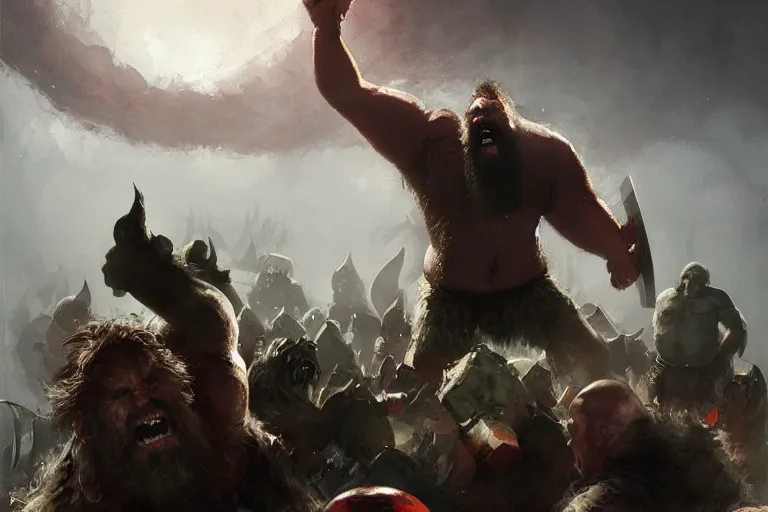 Prompt: worm's eye view of braun strowman as a huge hulking viking laughing with fat bald warriors at night in fog, painted by phil hale and greg rutkowski jack kirby and jeremy mann, arstation atmospheric character art, based on ogre kingdoms by cos koniotis