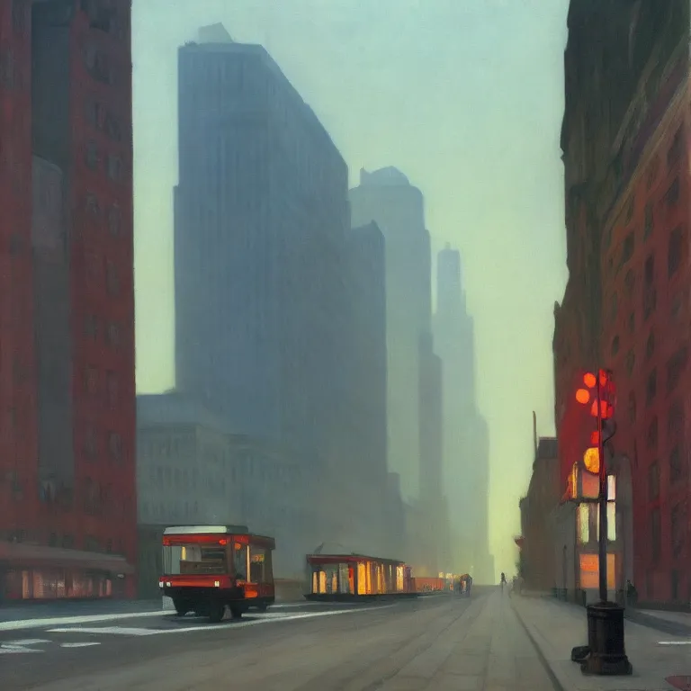 Image similar to city fog, early morning, streets with trash, painted by Edward Hopper, painted by Wayne Barlow, airbrush