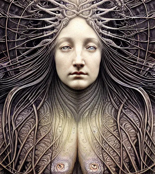 Prompt: detailed realistic beautiful storm goddess face portrait by jean delville, gustave dore, iris van herpen and marco mazzoni, art forms of nature by ernst haeckel, art nouveau, symbolist, visionary, gothic, neo - gothic, pre - raphaelite, fractal lace, intricate alien botanicals, ai biodiversity, surreality, hyperdetailed ultrasharp octane render