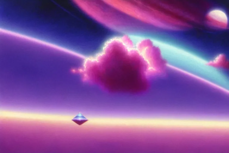 Prompt: purple, gem - like, diamond hovering in space, turquoise horizon, pink clouds, smooth gradients, octane render, 8 k, volumetric lightning, painterly style, by tim hildebrandt, wayne barlowe, bruce pennington