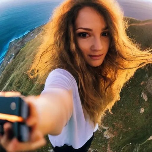 Prompt: Selfie of a beautiful woman with gorgeous flowy hair, standing over a cliff, beautiful volumetric lighting, subsurface scattering, (((((vivid))))) atmosphere, radiant sunshine, trending on artstation, 4k, 8k, artstation portrait imagery, fisheye!!!!! lens, instagram!!!!! selfie!!!!!