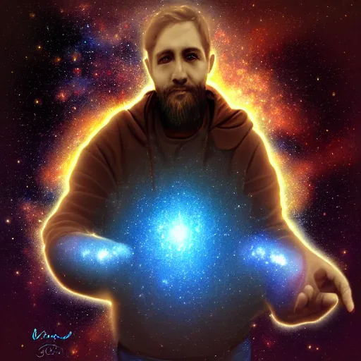 Prompt: an omnipotent god forming a galaxy in his hands, digital art