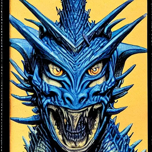 Prompt: head and shoulders portrait of a medieval d & d fantasy anthropomorphic blue dragon - human hybrid sorcerer, d & d rulebook cover art by jeff easley, hr giger, and frank miller