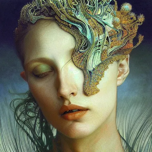 Prompt: queen of jupiter by zdzisław beksinski, iris van herpen!!!, raymond swanland and alphonse mucha. highly detailed, hyper - real, beautiful!!